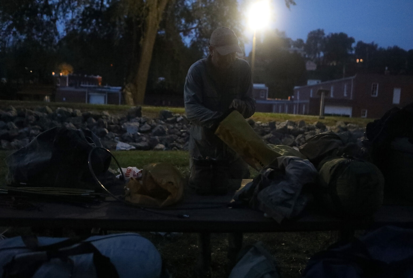 Neal Moore packs in pre-dawn light